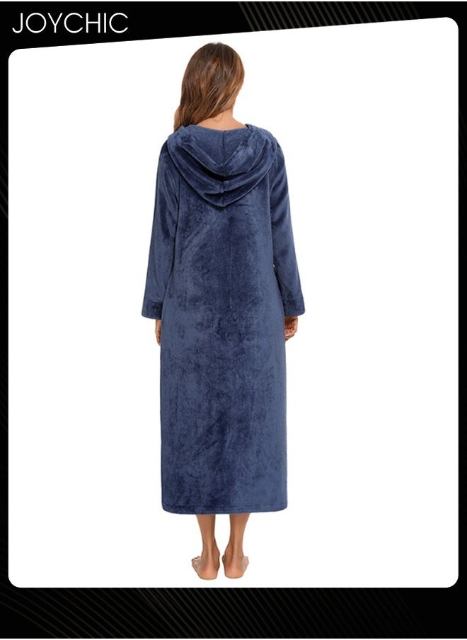 Long-sleeved Autumn and Winter Flannel Warm and Windproof Nightgown Cardigan Women Zipper Long Bedroom Pajamas with Hat and Pockets Navy Blue
