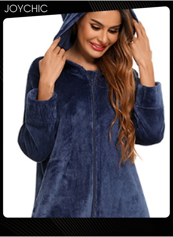 Long-sleeved Autumn and Winter Flannel Warm and Windproof Nightgown Cardigan Women Zipper Long Bedroom Pajamas with Hat and Pockets Navy Blue
