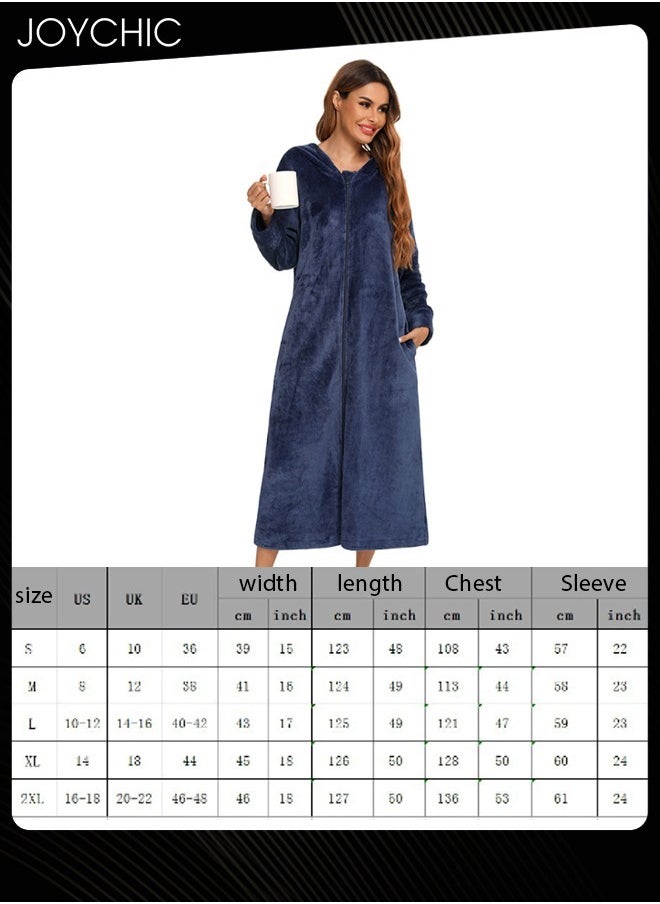 Long-sleeved Autumn and Winter Flannel Warm and Windproof Nightgown Cardigan Women Zipper Long Bedroom Pajamas with Hat and Pockets Navy Blue