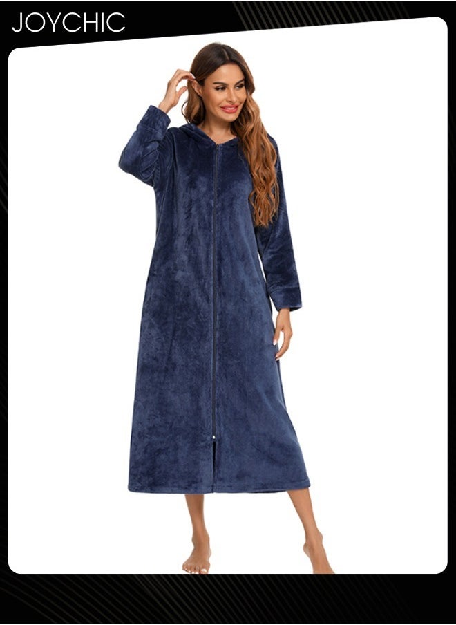Long-sleeved Autumn and Winter Flannel Warm and Windproof Nightgown Cardigan Women Zipper Long Bedroom Pajamas with Hat and Pockets Navy Blue