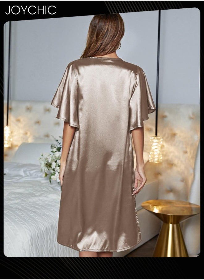 Solid Pattern Women Pajamas Ice Silk Satin Skin-friendly Nightgown Deep V-neck Loose Sleepwear for Spring Summer Brown