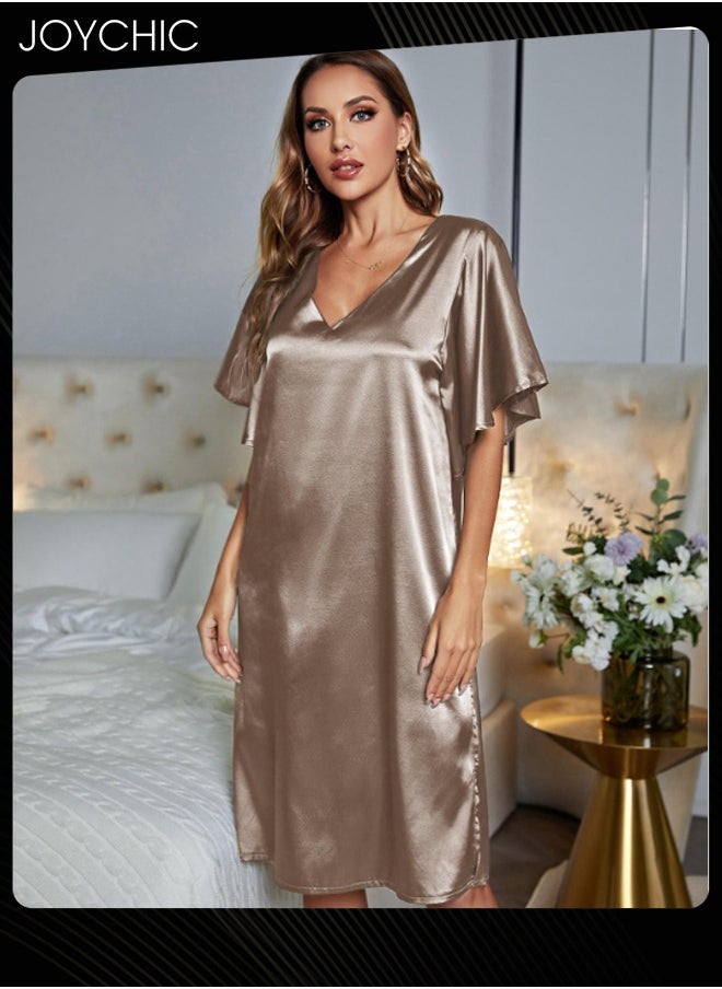 Solid Pattern Women Pajamas Ice Silk Satin Skin-friendly Nightgown Deep V-neck Loose Sleepwear for Spring Summer Brown