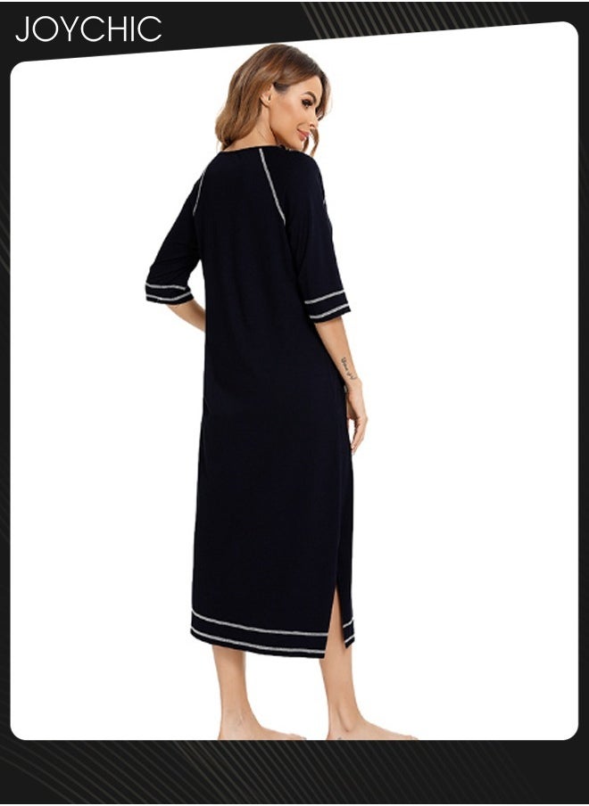 Spring and Summer Solid Color Women Casual Comfortable Home Wear Three-quarter sleeves Maternity Loose Indoor Pajamas Side Slit Deign Zipper Nightgown with Pockets Black