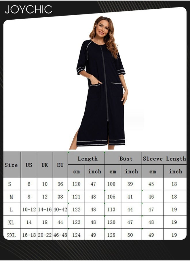Spring and Summer Solid Color Women Casual Comfortable Home Wear Three-quarter sleeves Maternity Loose Indoor Pajamas Side Slit Deign Zipper Nightgown with Pockets Black