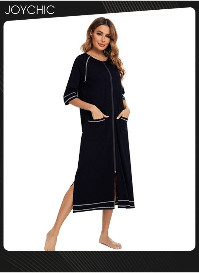 Spring and Summer Solid Color Women Casual Comfortable Home Wear Three-quarter sleeves Maternity Loose Indoor Pajamas Side Slit Deign Zipper Nightgown with Pockets Black