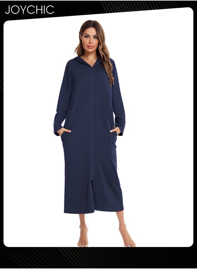 Solid Pattern Zipper Cardigan Spring Autumn and Winter Women Pajamas Home Comfortable Ladies Nightgown with Pockets and Hat Navy Blue