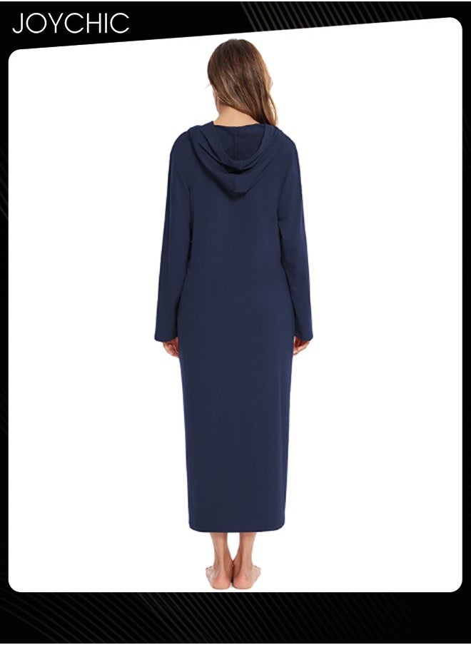 Solid Pattern Zipper Cardigan Spring Autumn and Winter Women Pajamas Home Comfortable Ladies Nightgown with Pockets and Hat Navy Blue