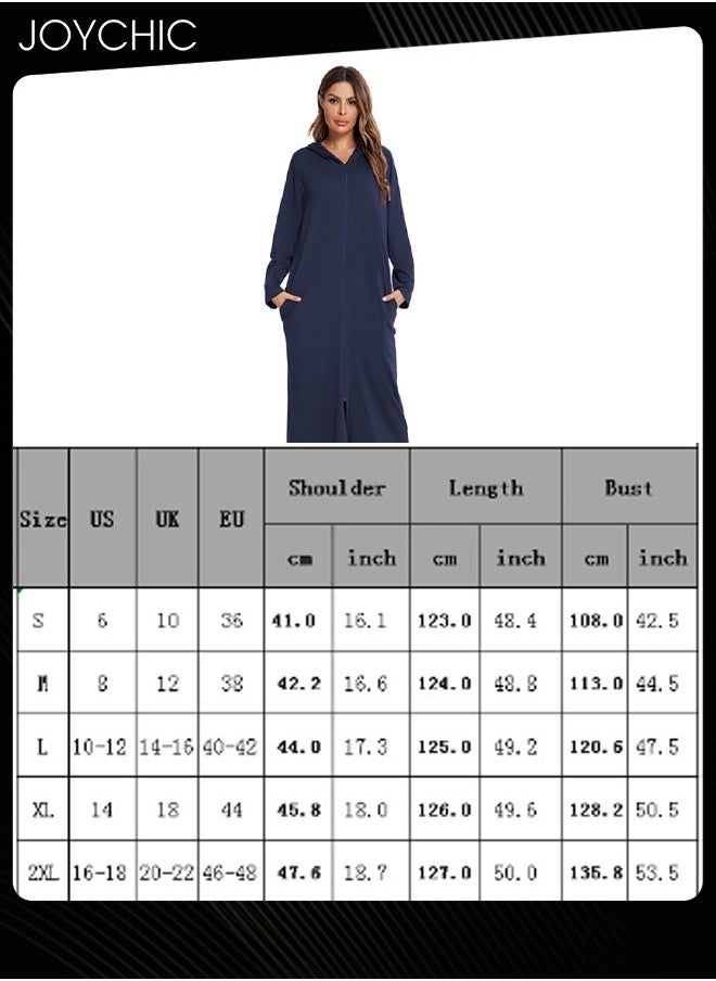 Solid Pattern Zipper Cardigan Spring Autumn and Winter Women Pajamas Home Comfortable Ladies Nightgown with Pockets and Hat Navy Blue
