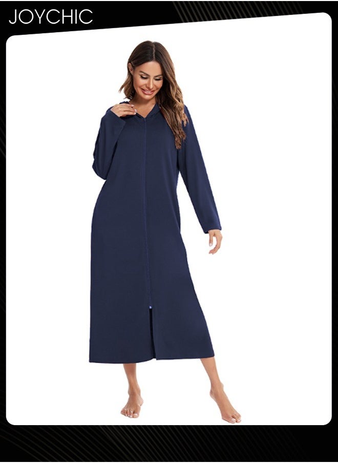 Solid Pattern Zipper Cardigan Spring Autumn and Winter Women Pajamas Home Comfortable Ladies Nightgown with Pockets and Hat Navy Blue
