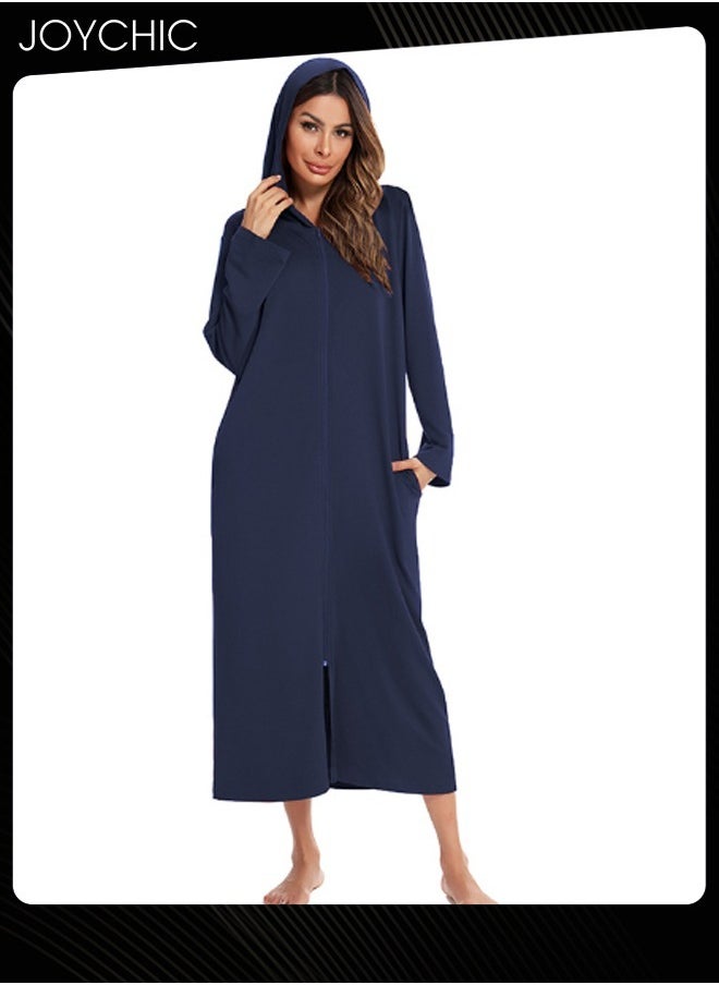 Solid Pattern Zipper Cardigan Spring Autumn and Winter Women Pajamas Home Comfortable Ladies Nightgown with Pockets and Hat Navy Blue