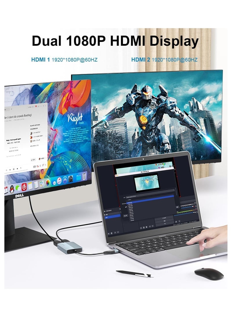 Updated USB 3.0 to Dual HDMI Adapter for Mac and Windows, USB C to HDMI Adapter for Two Monitors, 1080p Dual Monitor Splitter, Extended Display with Three Separate Screens