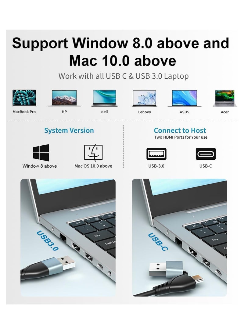 Updated USB 3.0 to Dual HDMI Adapter for Mac and Windows, USB C to HDMI Adapter for Two Monitors, 1080p Dual Monitor Splitter, Extended Display with Three Separate Screens