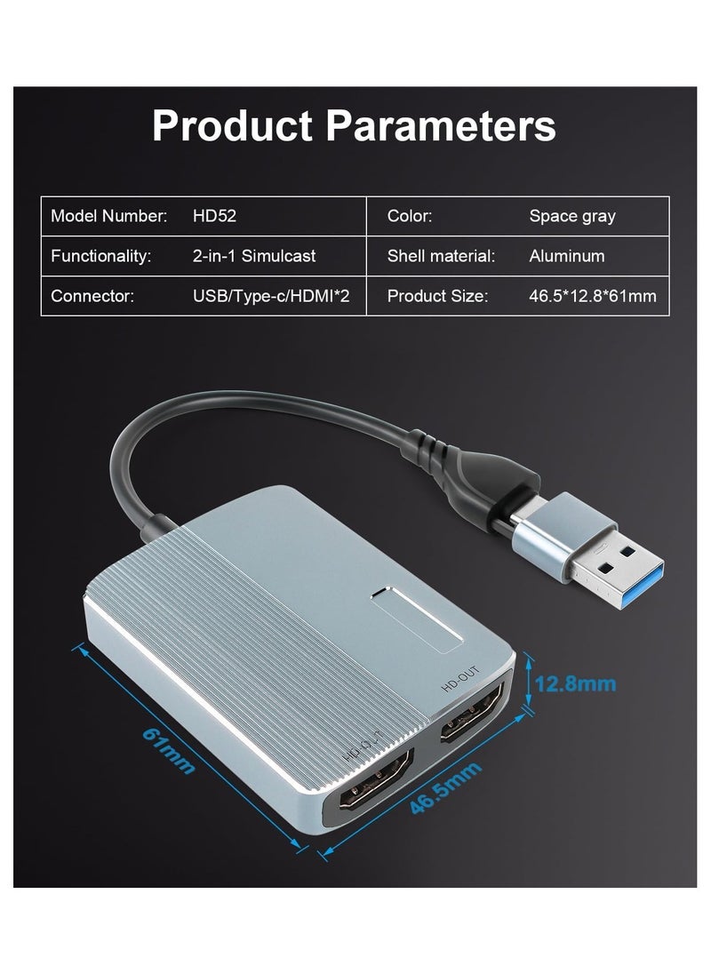 Updated USB 3.0 to Dual HDMI Adapter for Mac and Windows, USB C to HDMI Adapter for Two Monitors, 1080p Dual Monitor Splitter, Extended Display with Three Separate Screens