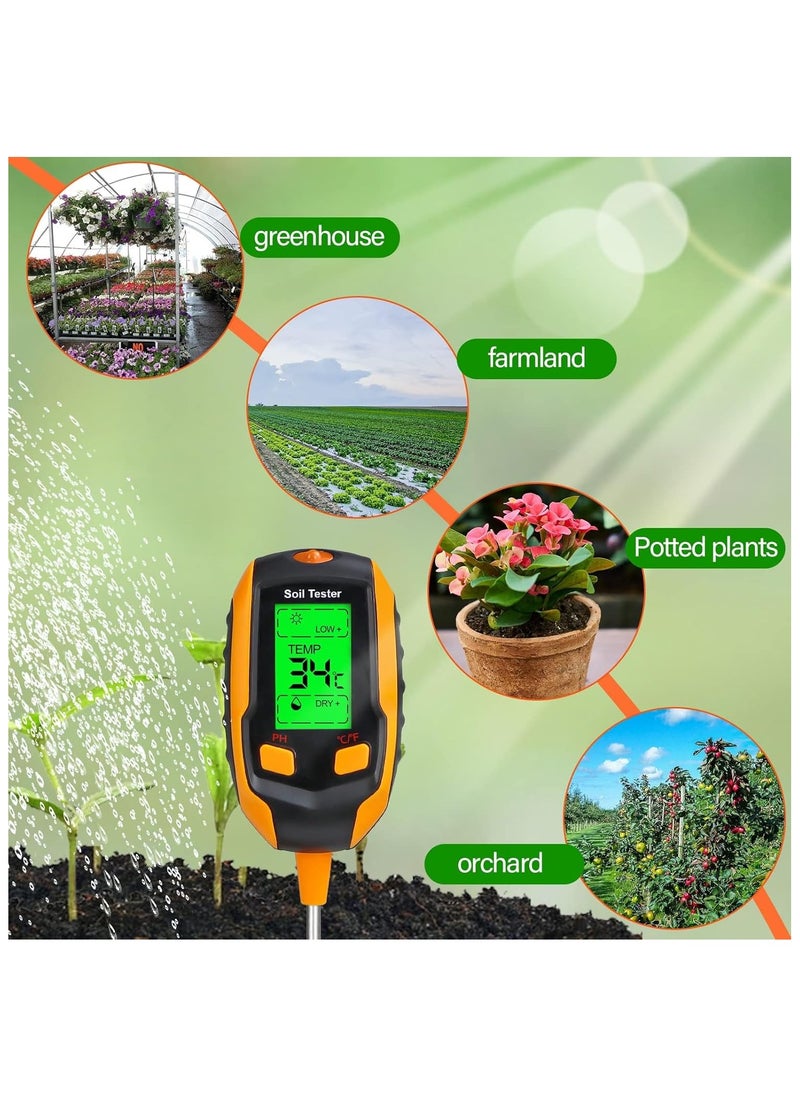 4-in-1 Soil Moisture Meter,Digital Plant Temperature/Soil Moisture/PH Meter/Sunlight Intensity/Environment Humidity Backlight LCD display Soil Test Meter for Gardening, Farming,and Outdoor Plants