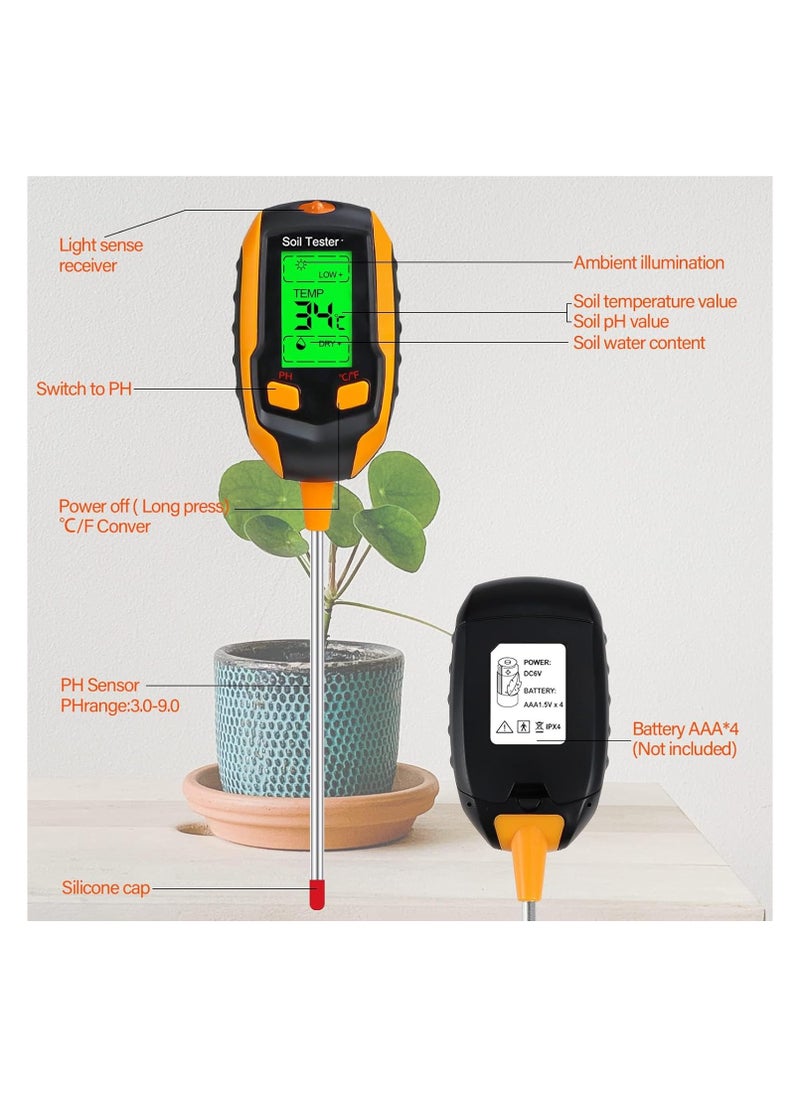 4-in-1 Soil Moisture Meter,Digital Plant Temperature/Soil Moisture/PH Meter/Sunlight Intensity/Environment Humidity Backlight LCD display Soil Test Meter for Gardening, Farming,and Outdoor Plants