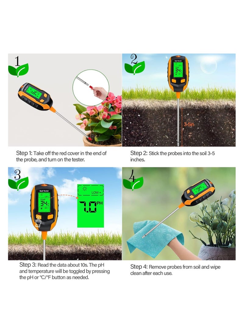 4-in-1 Soil Moisture Meter,Digital Plant Temperature/Soil Moisture/PH Meter/Sunlight Intensity/Environment Humidity Backlight LCD display Soil Test Meter for Gardening, Farming,and Outdoor Plants