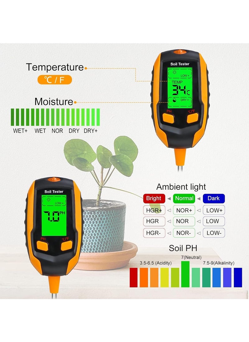 4-in-1 Soil Moisture Meter,Digital Plant Temperature/Soil Moisture/PH Meter/Sunlight Intensity/Environment Humidity Backlight LCD display Soil Test Meter for Gardening, Farming,and Outdoor Plants