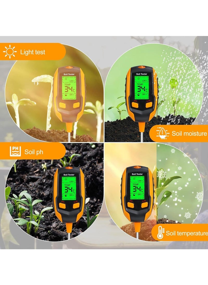 4-in-1 Soil Moisture Meter,Digital Plant Temperature/Soil Moisture/PH Meter/Sunlight Intensity/Environment Humidity Backlight LCD display Soil Test Meter for Gardening, Farming,and Outdoor Plants