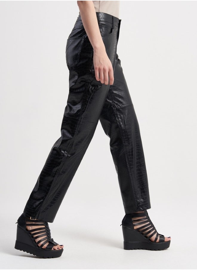 High-Gloss Black Faux Leather Crocodile Print Pants