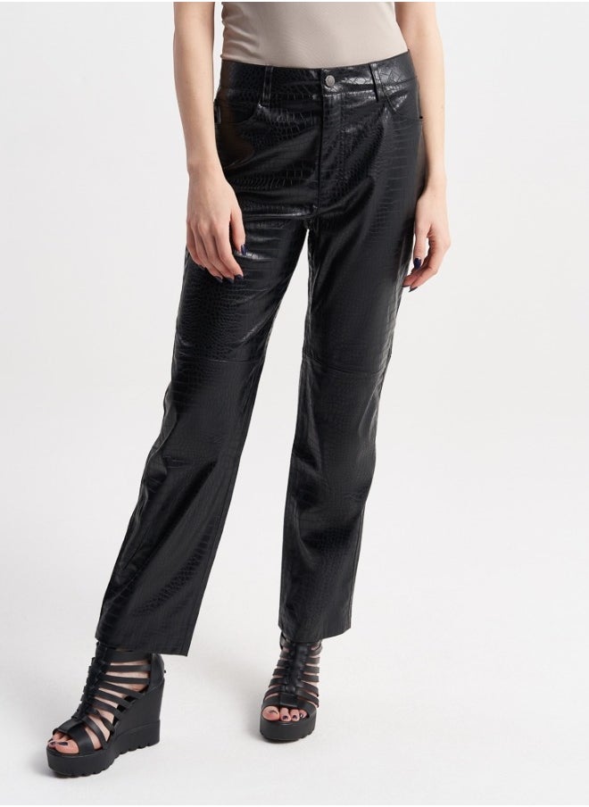 High-Gloss Black Faux Leather Crocodile Print Pants