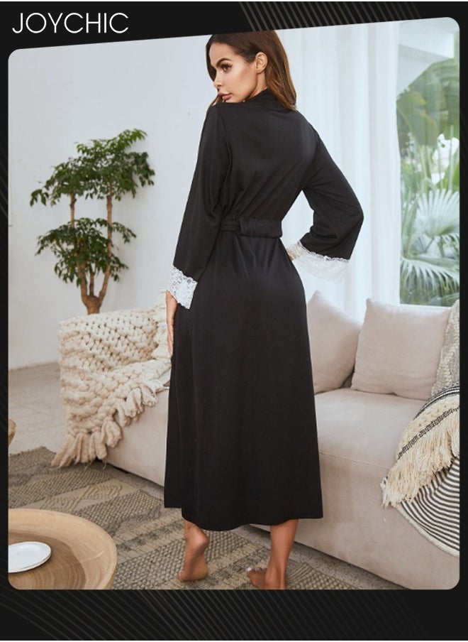 Autumn and Winter Casual Women Long-sleeved Nightgown Lace Cuff Design Long Sleep Robe V-neck Comfortable Sleepwear with Adjustable Belt Black