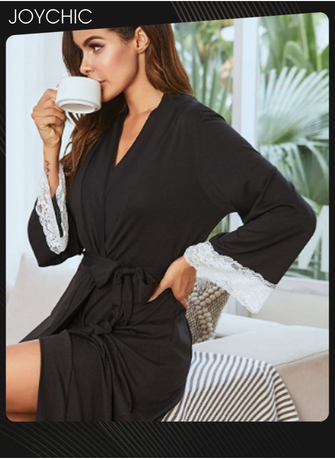 Autumn and Winter Casual Women Long-sleeved Nightgown Lace Cuff Design Long Sleep Robe V-neck Comfortable Sleepwear with Adjustable Belt Black