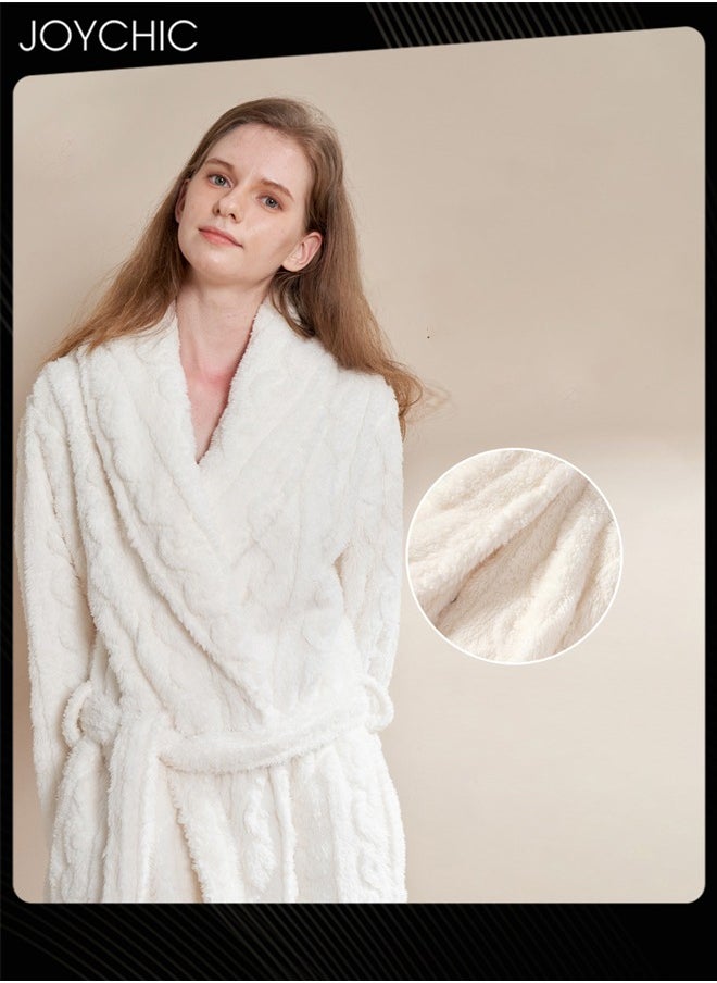 Autumn and Winter Jacquard Coral Velvet Thickened Warm Pajamas for Women Fashion Green Fruit Collar Long-Sleeved Skin-friendly Bedroom Sleep Robe with Pockets White