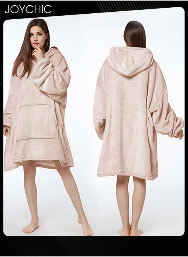 Solid Color Women Autumn and Winter Flannel Thickened Cold-proof Warm Hooded Pajamas Long-sleeved Comfortable Sleep Robe with Front Pockets One Size