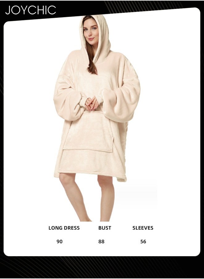 Solid Color Women Autumn and Winter Flannel Thickened Cold-proof Warm Hooded Pajamas Long-sleeved Comfortable Sleep Robe with Front Pockets One Size