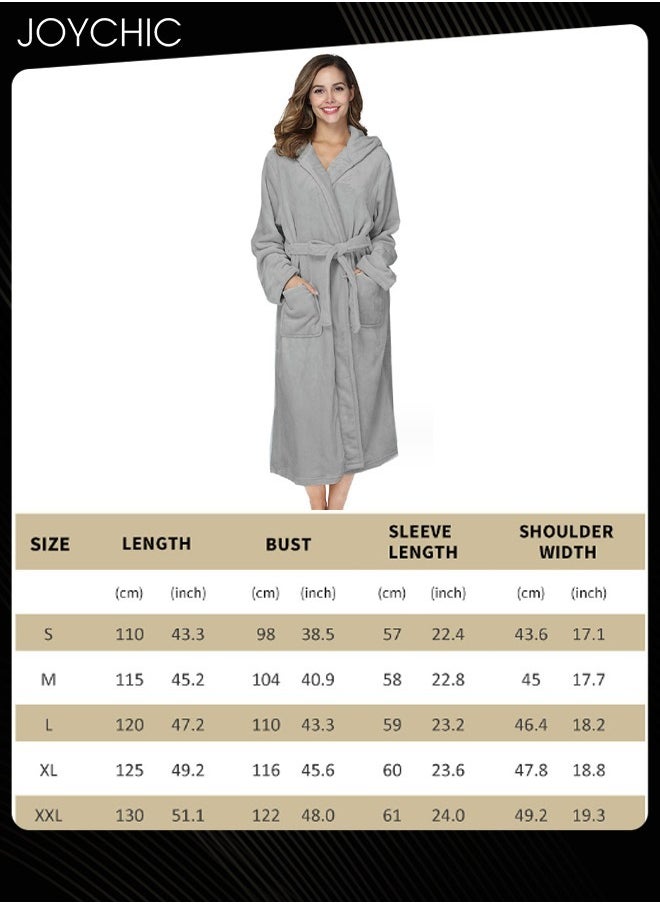 Solid Pattern Women Loose Hooded Nightgown Autumn and Winter Flannel Skin-friendly Warm Long-sleeved Extra Long Pajamas Sleep Robe with Adjustable Belt Grey