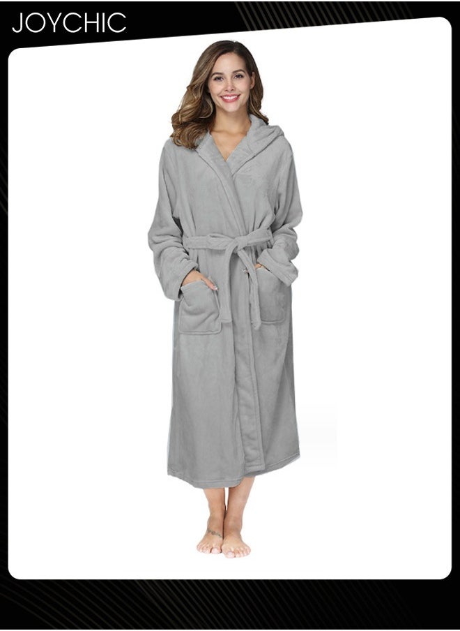 Solid Pattern Women Loose Hooded Nightgown Autumn and Winter Flannel Skin-friendly Warm Long-sleeved Extra Long Pajamas Sleep Robe with Adjustable Belt Grey