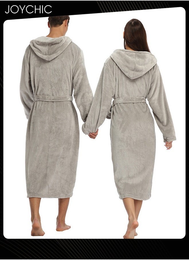 Solid Pattern Women Loose Hooded Nightgown Autumn and Winter Flannel Skin-friendly Warm Long-sleeved Extra Long Pajamas Sleep Robe with Adjustable Belt Grey