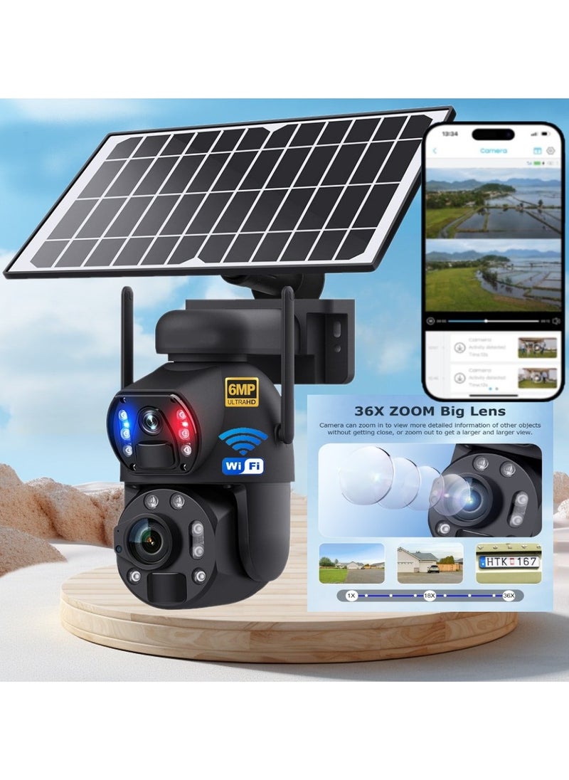 36X Zoom WIFI IP Solar Camera, 6MP, Metal Housing, Vandal-proof, Dual Lens, Wide Angle, Human Tracking, Colour & Laser IR Vision, Dual PIR Sensor, Alarm Lamp, Two-Way Audio, Preset Point & Guards