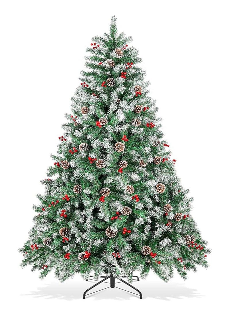 Artificial Tree Holiday Tree Flocked Artificial Tree Spruce Whole Tree with Metal Stand Pine Cones and Berries Suitable for Home Office Party New Year Decoration (A)