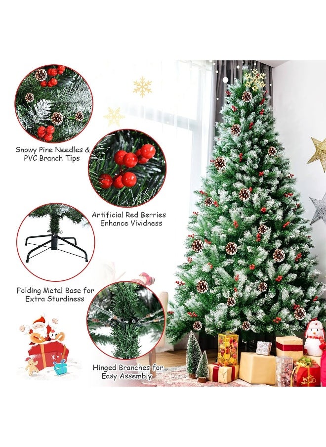 Snow Flocked Holiday Christmas Pine Tree With Pinecone Hinged Xmas Tree Party Decoration 450 Branch Tips Reinforced Metal Base And Easy Assembly 5 Feet