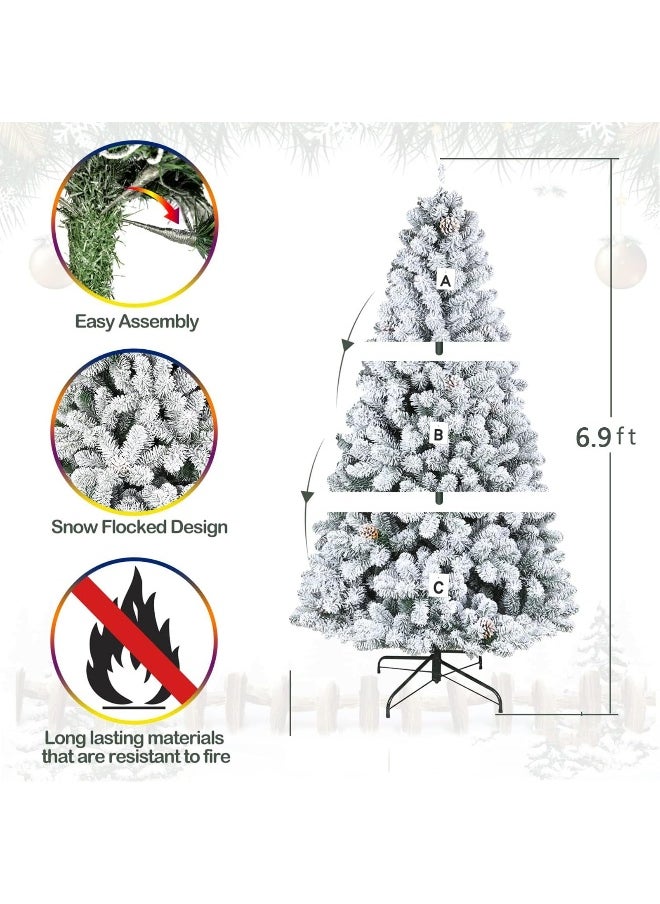 6.9 Feet Premium Snow Flocked Artificial Holiday Christmas Tree Metal Hinges And Foldable Base For Home And Office