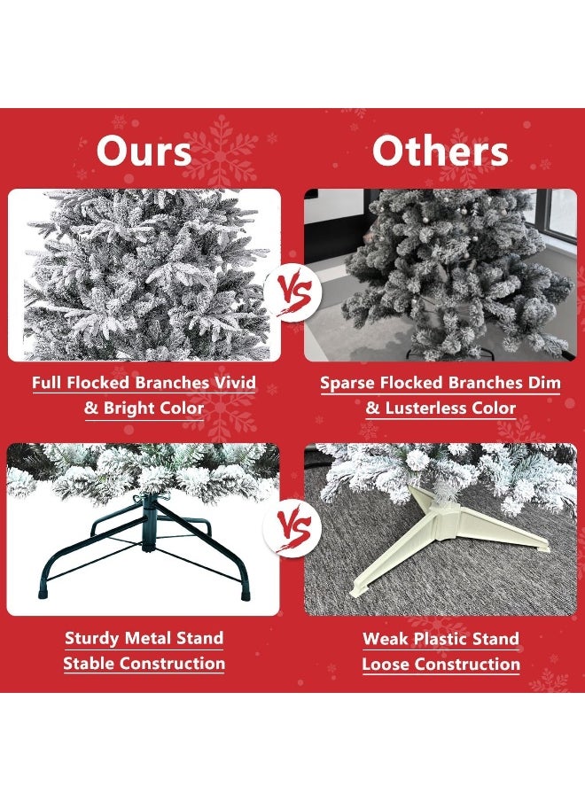 6 Feet Christmas Tree White Flocked Snow Holiday Xmas Tree For Home And Office 180Cm Tall With 900 Full Branches Tips Easy Assembly Metal Stand