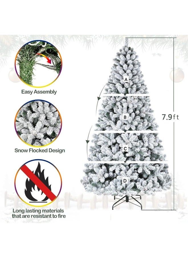 7.9 Feet Premium Snow Flocked Artificial Holiday Christmas Tree Metal Hinges And Foldable Base For Home And Office Party Christmas Decoration With 1500 Branch Tips Full Tree For Indoor And Outdoor