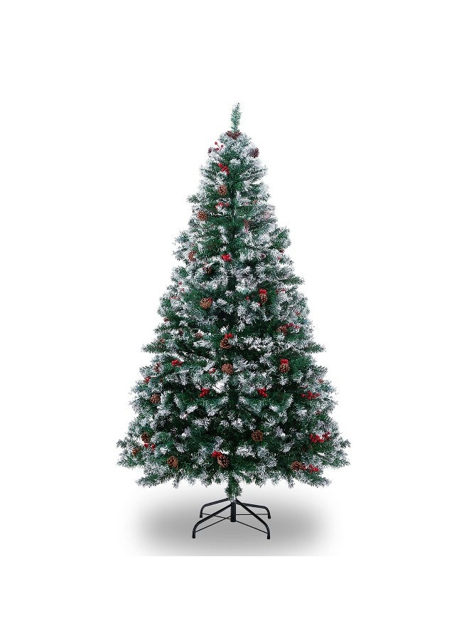 6 Feet 180Cm Snow Spray Christmas Tree With 1000 Snow Flocked Branch Tips Pine Cones And Red Berries Metal Stand Easy Assembly Xmax Tree For Home Office Party Decoration