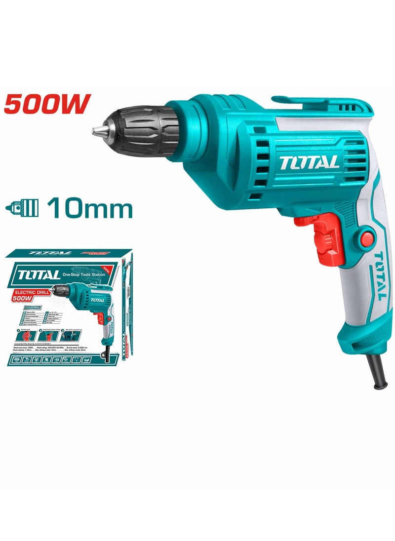 Total Electrical Drill 500W, 10mm Keyless Chuck, 0-3300rpm Variable Speed, Forward/Reverse Switch, Includes Extra Carbon Brushes – TD2051026-2, Ideal for Drilling Wood, Metal & Plastic