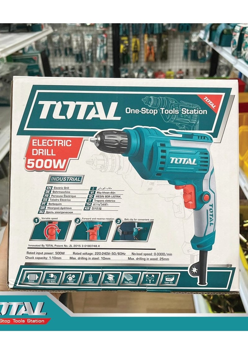 Total Electrical Drill 500W, 10mm Keyless Chuck, 0-3300rpm Variable Speed, Forward/Reverse Switch, Includes Extra Carbon Brushes – TD2051026-2, Ideal for Drilling Wood, Metal & Plastic