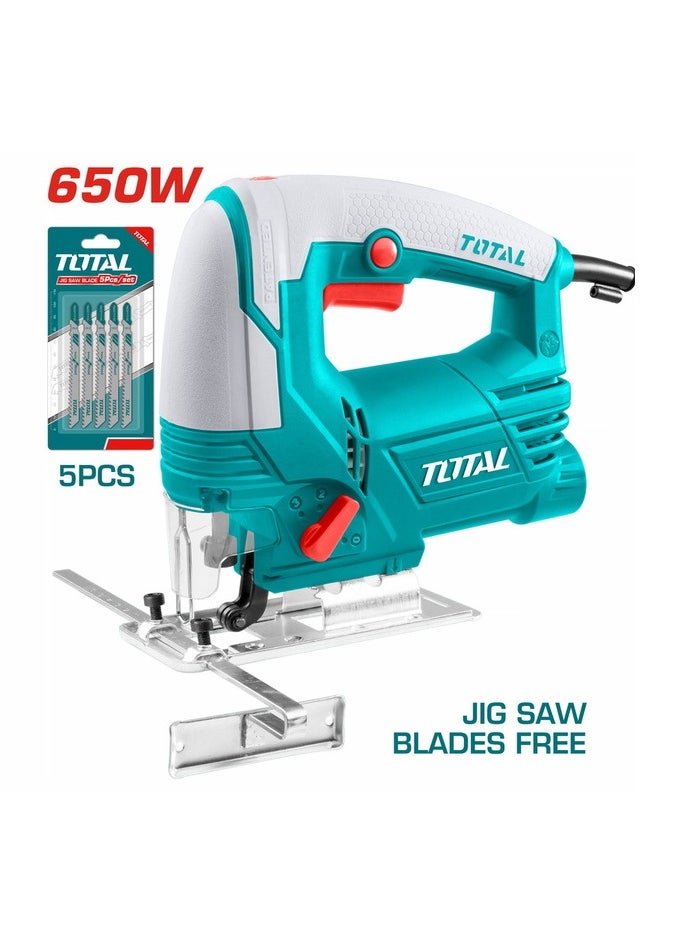 Total Jig Saw 650W, 800-2800rpm Variable Speed, 80mm Wood Cutting Capacity, 8mm Steel Cutting, 4-Step Pendulum Function, Includes 5 Saw Blades & Extra Carbon Brushes – TS206806