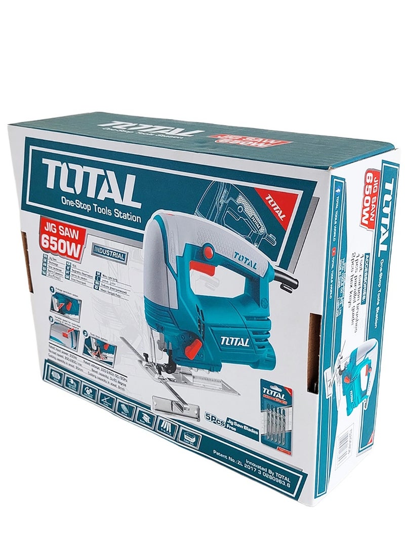 Total Jig Saw 650W, 800-2800rpm Variable Speed, 80mm Wood Cutting Capacity, 8mm Steel Cutting, 4-Step Pendulum Function, Includes 5 Saw Blades & Extra Carbon Brushes – TS206806