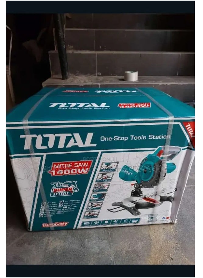 Total Mitre Saw 1400W with 210mm Blade, 5000rpm, 0-45° Mitre and Bevel Cuts, Includes TCT Blade, Extra Carbon Brushes, Dust Bag & Extension Bars – TS42142107