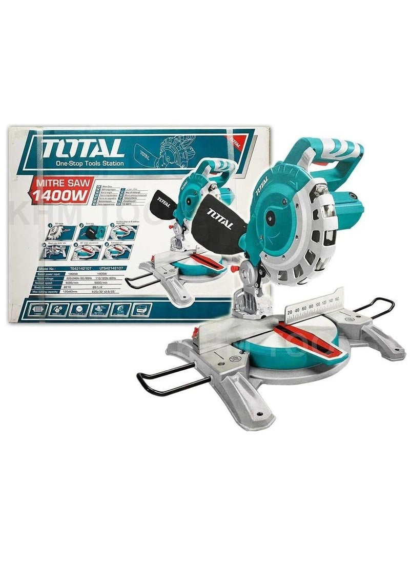 Total Mitre Saw 1400W with 210mm Blade, 5000rpm, 0-45° Mitre and Bevel Cuts, Includes TCT Blade, Extra Carbon Brushes, Dust Bag & Extension Bars – TS42142107