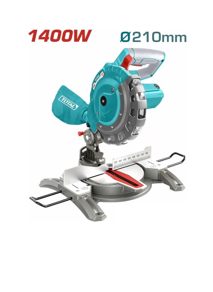 Total Mitre Saw 1400W with 210mm Blade, 5000rpm, 0-45° Mitre and Bevel Cuts, Includes TCT Blade, Extra Carbon Brushes, Dust Bag & Extension Bars – TS42142107