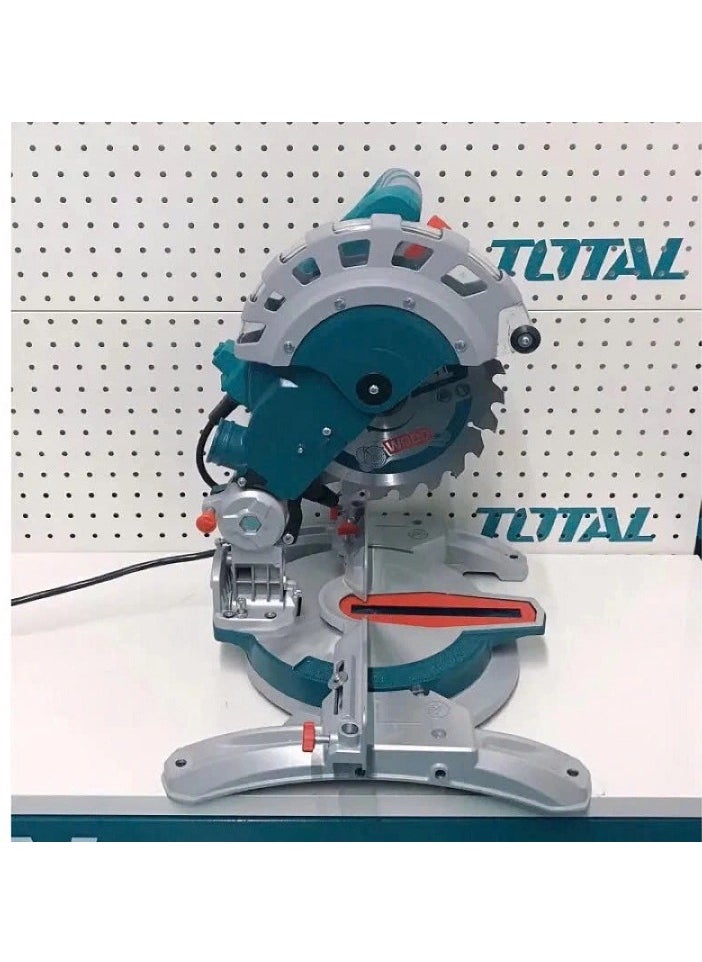 Total Mitre Saw 1400W with 210mm Blade, 5000rpm, 0-45° Mitre and Bevel Cuts, Includes TCT Blade, Extra Carbon Brushes, Dust Bag & Extension Bars – TS42142107