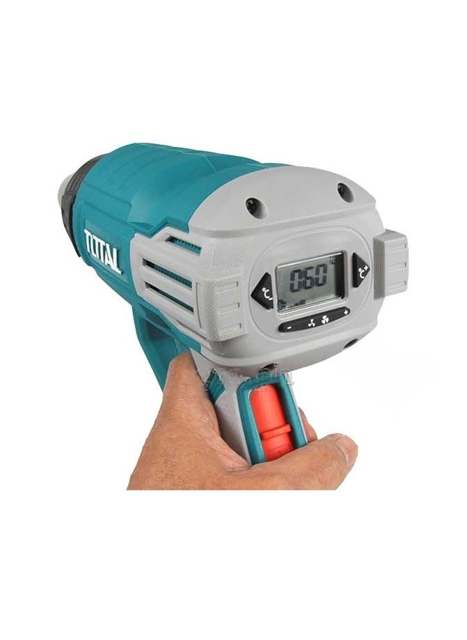 Total 2000W Heat Gun with LCD Display, Adjustable Temperature 50-630°C, Includes 4 Nozzles, Scraper, and Accessories – Ideal for Paint Stripping, Soldering, and DIY Projects – TB20062