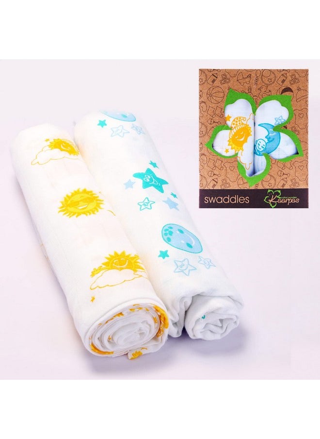 Newborn Baby Girl'S Infant Boy'S Super Soft Premium Pure Organic Cotton Comfortable Muslin Swaddle Receiving Blankets Wrapper Cloth Towel Stroller Cover Sky Pack Of 2 Multicolor 120X120 Cm