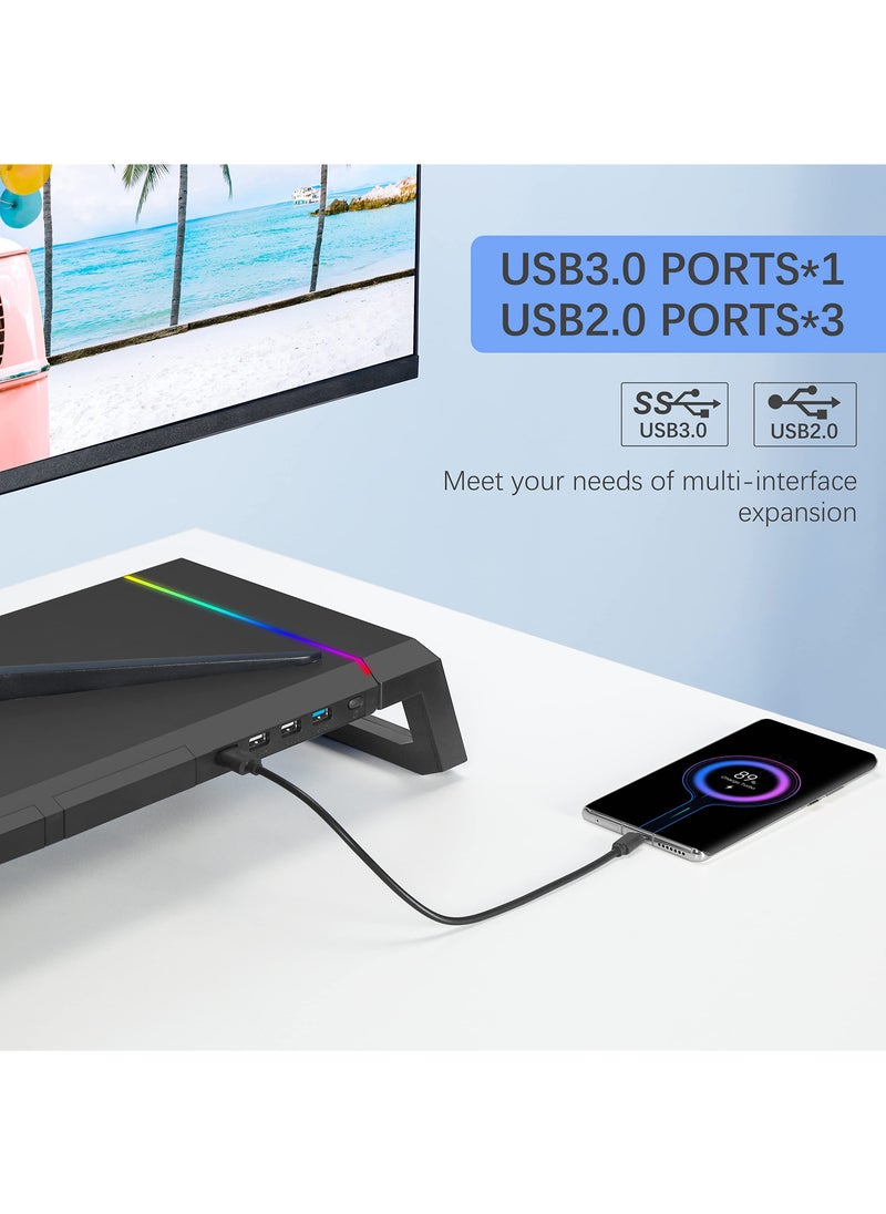 RGB Gaming Monitor Stand with USB 3.0 & 2.0 Hub, Foldable Screen Riser, Storage Drawer, and Phone Holder - Desk Organizer for PC, Laptop, and iMac - Black